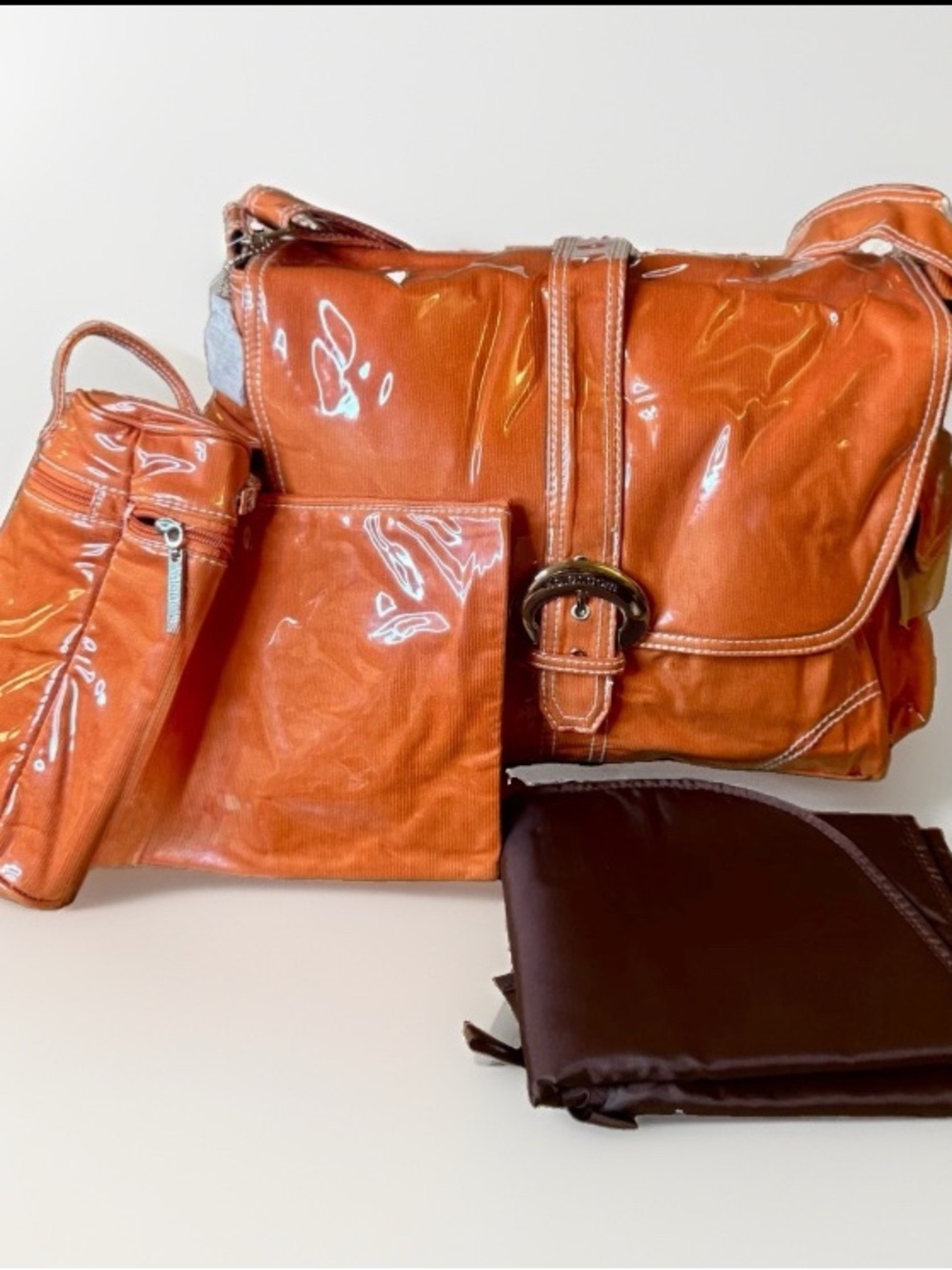 NWT Kalencom Patent 70s Baby Bag Set w Pad Insulated Bottle Holder Zip Bag